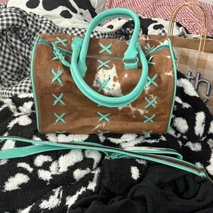 Cowhide and Mint Cross-Stitch Leatherette Crossbody Satchel